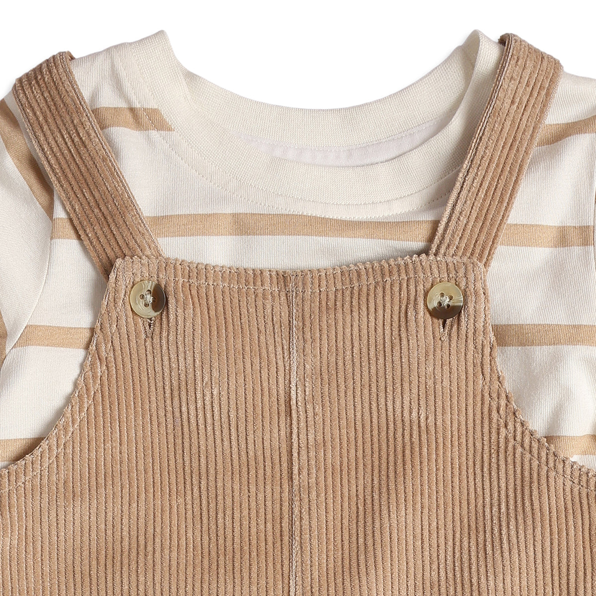 Baby Boys Beige Corduroy Dungaree with White & Beige Striped Full Sleeves T-Shirt Casual Outfit Set