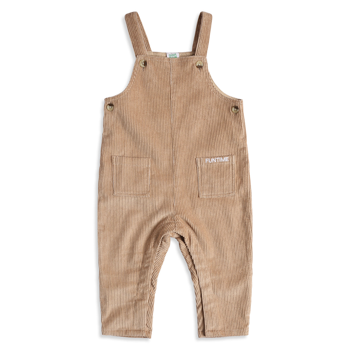 Baby Boys Beige Corduroy Dungaree with White & Beige Striped Full Sleeves T-Shirt Casual Outfit Set