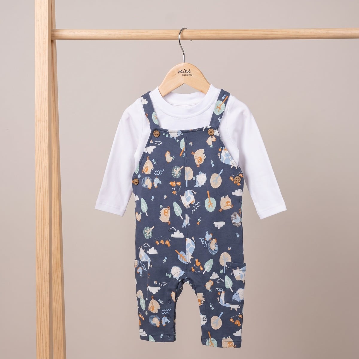 Baby Boys Navy Blue And White Cotton Blend Farm Animal Printed T-Shirt And Dungaree Set Regular Fit Casual Wear