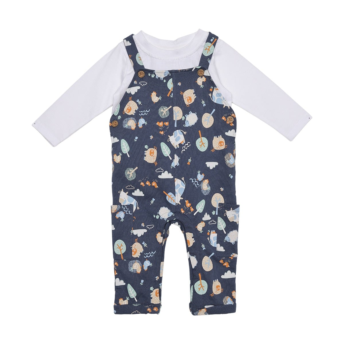 Baby Boys Navy Blue And White Cotton Blend Farm Animal Printed T-Shirt And Dungaree Set Regular Fit Casual Wear