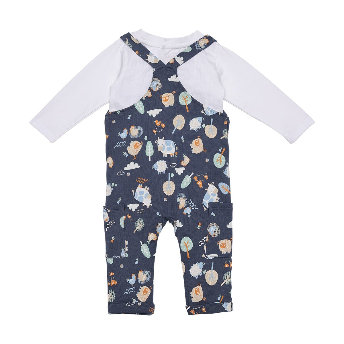 Baby Boys Navy Blue And White Cotton Blend Farm Animal Printed T-Shirt And Dungaree Set Regular Fit Casual Wear