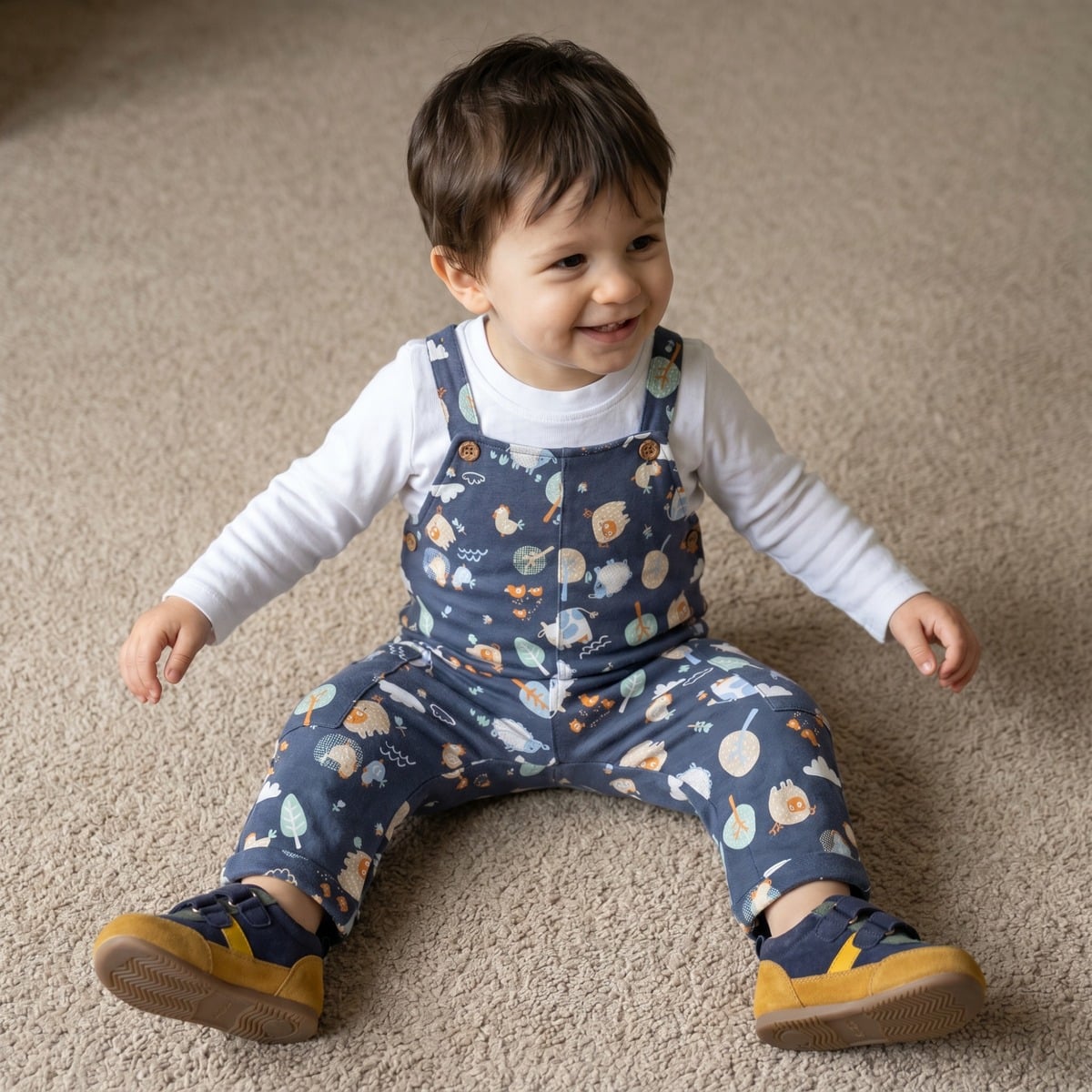 Baby Boys Navy Blue And White Cotton Blend Farm Animal Printed T-Shirt And Dungaree Set Regular Fit Casual Wear