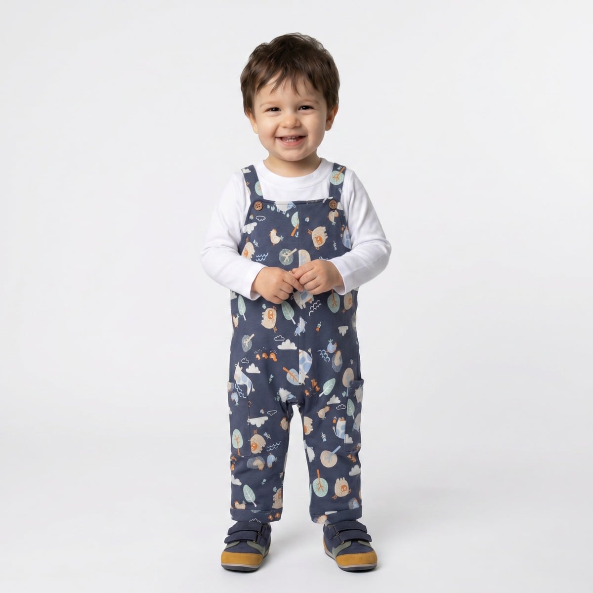 Baby Boys Navy Blue And White Cotton Blend Farm Animal Printed T-Shirt And Dungaree Set Regular Fit Casual Wear