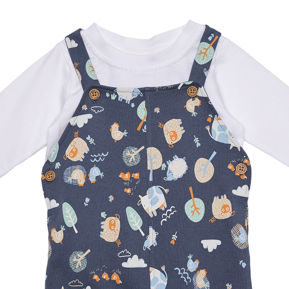 Baby Boys Navy Blue And White Cotton Blend Farm Animal Printed T-Shirt And Dungaree Set Regular Fit Casual Wear