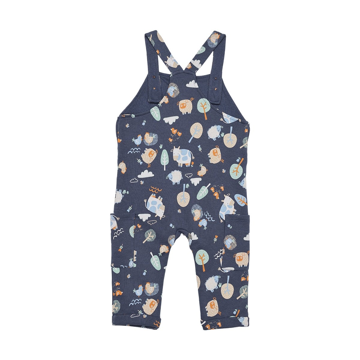 Baby Boys Navy Blue And White Cotton Blend Farm Animal Printed T-Shirt And Dungaree Set Regular Fit Casual Wear