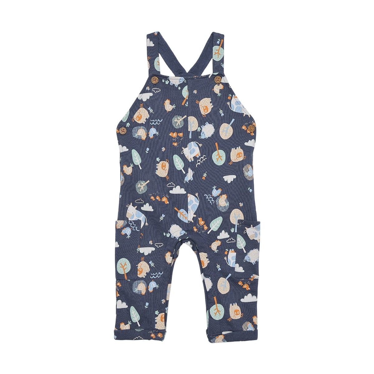 Baby Boys Navy Blue And White Cotton Blend Farm Animal Printed T-Shirt And Dungaree Set Regular Fit Casual Wear