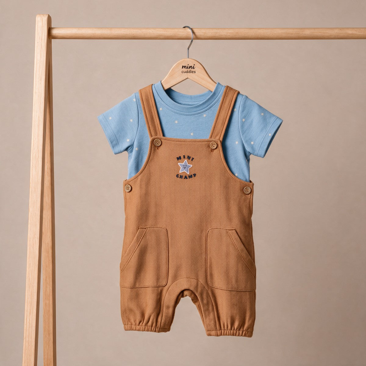 Baby Boys Brown And Blue Cotton Star Printed Embroidered Dungaree Set Regular Fit Casual Wear