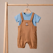 Baby Boys Brown And Blue Cotton Star Printed Embroidered Dungaree Set Regular Fit Casual Wear