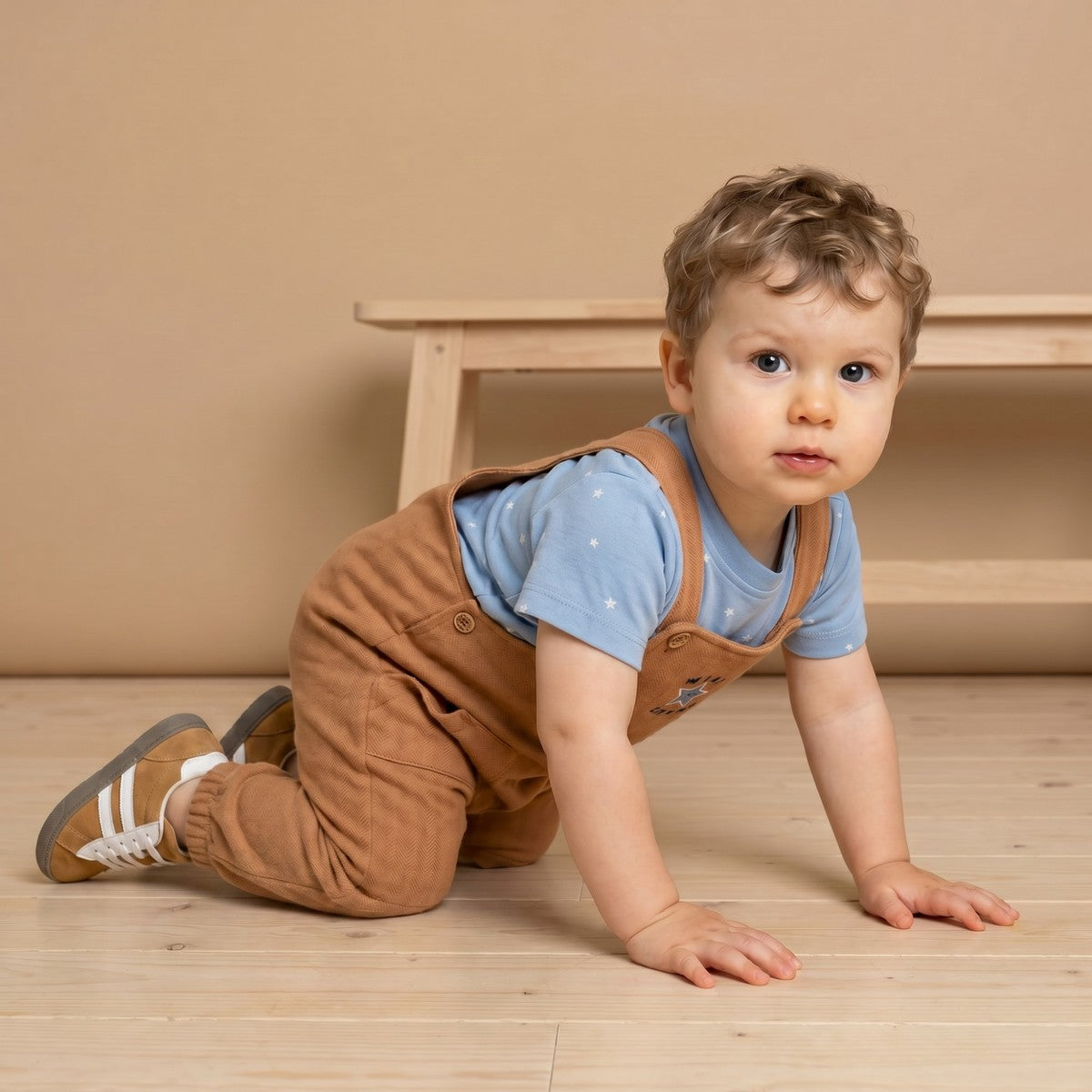 Baby Boys Brown And Blue Cotton Star Printed Embroidered Dungaree Set Regular Fit Casual Wear