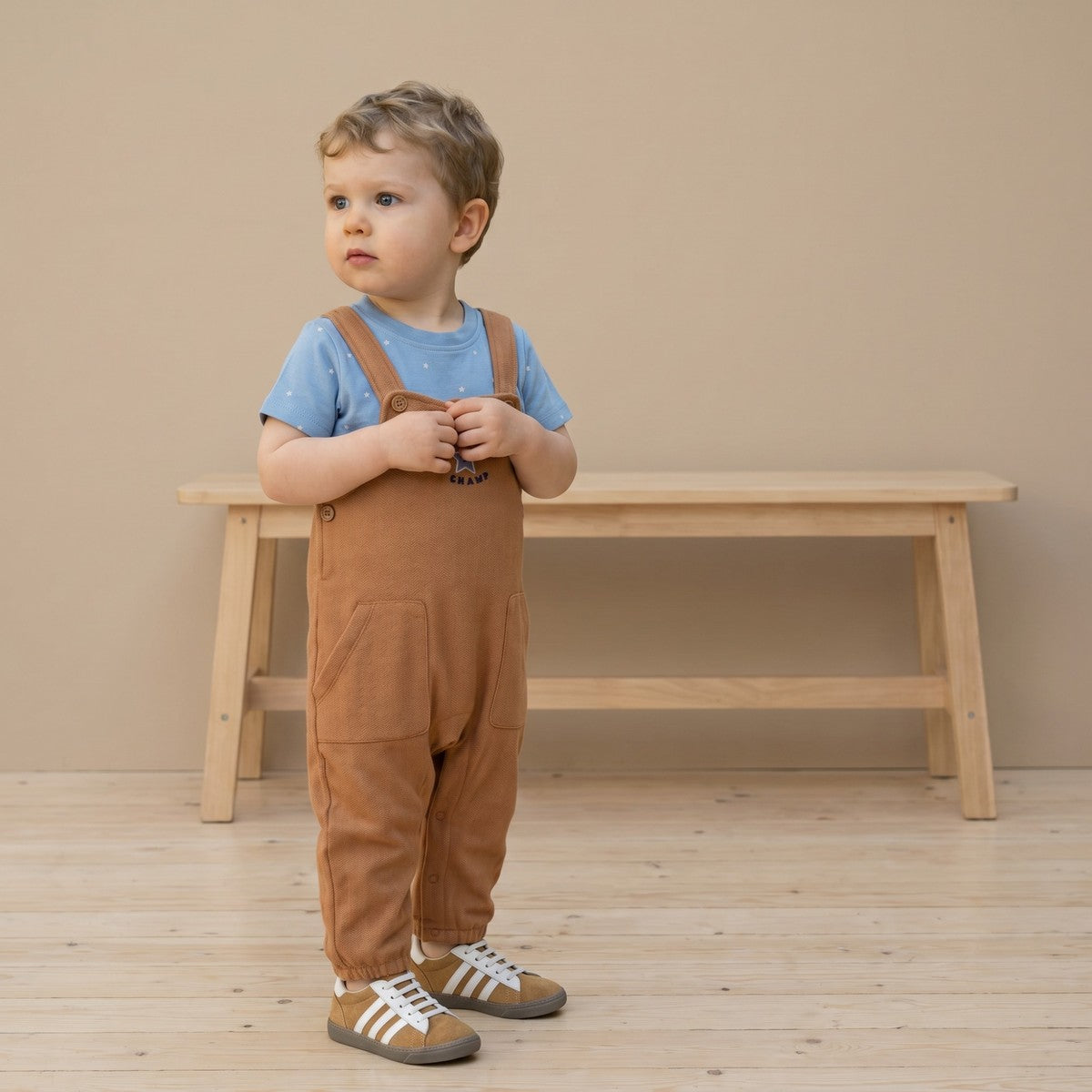 Baby Boys Brown And Blue Cotton Star Printed Embroidered Dungaree Set Regular Fit Casual Wear
