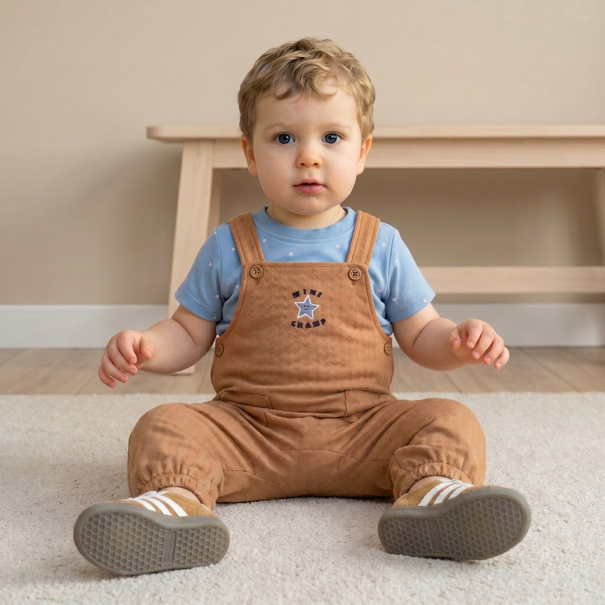 Baby Boys Brown And Blue Cotton Star Printed Embroidered Dungaree Set Regular Fit Casual Wear