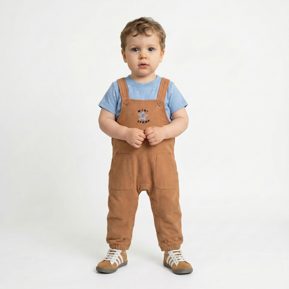 Baby Boys Brown And Blue Cotton Star Printed Embroidered Dungaree Set Regular Fit Casual Wear