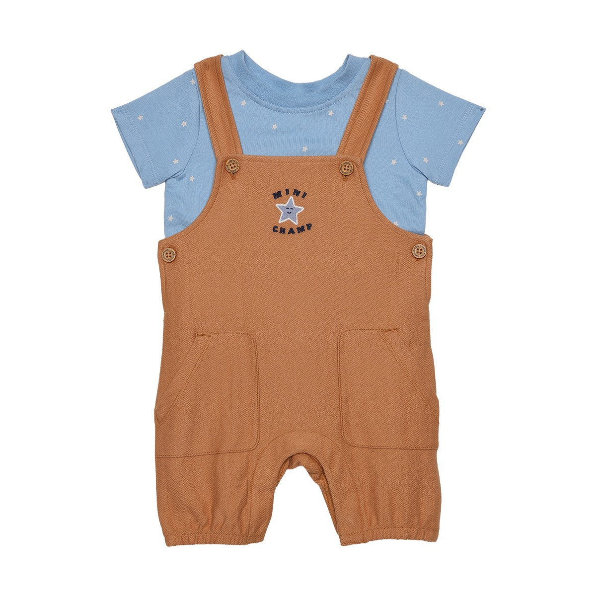 Baby Boys Brown And Blue Cotton Star Printed Embroidered Dungaree Set Regular Fit Casual Wear