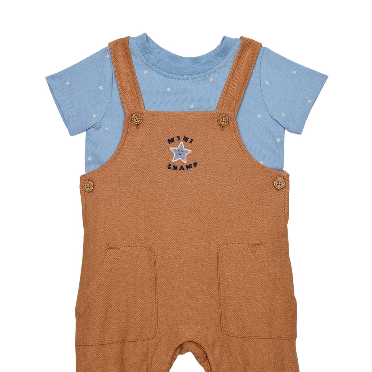 Baby Boys Brown And Blue Cotton Star Printed Embroidered Dungaree Set Regular Fit Casual Wear