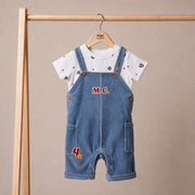 Baby Boys Blue Corduroy Dungaree And Bear Printed T-Shirt Set Pack Of 1 Regular Fit Casual Wear