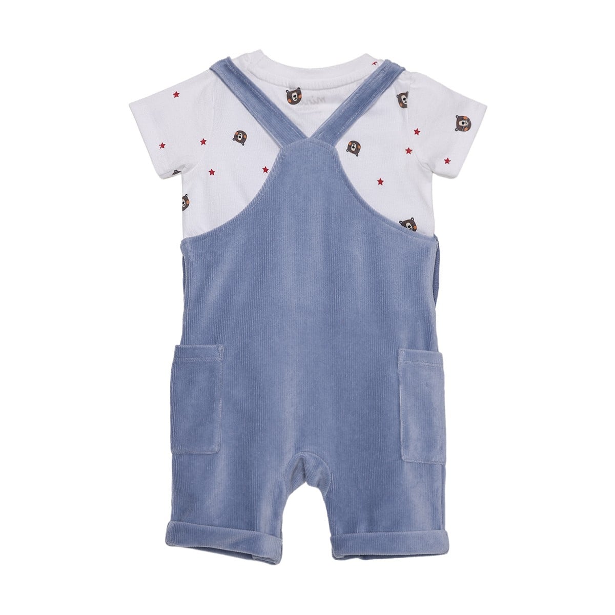 Baby Boys Blue Corduroy Dungaree And Bear Printed T-Shirt Set Pack Of 1 Regular Fit Casual Wear