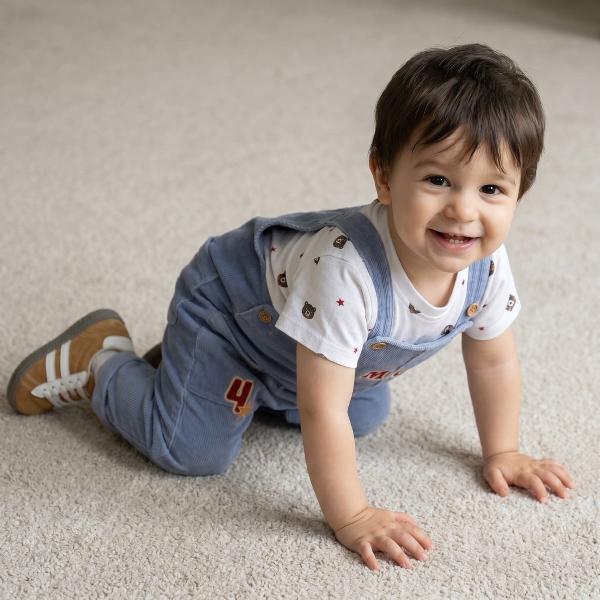 Baby Boys Blue Corduroy Dungaree And Bear Printed T-Shirt Set Pack Of 1 Regular Fit Casual Wear