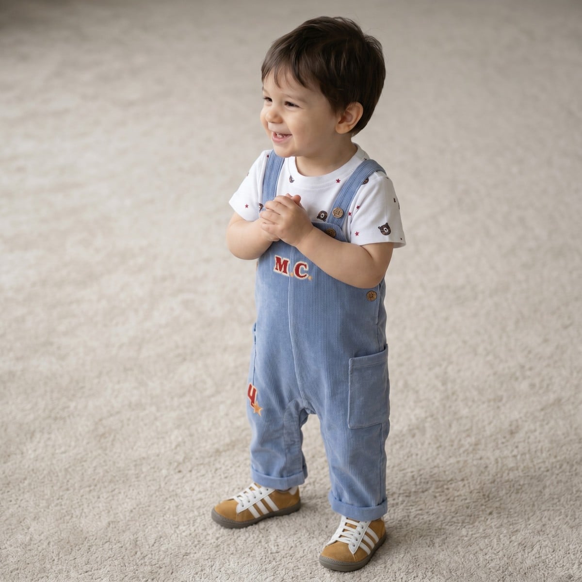 Baby Boys Blue Corduroy Dungaree And Bear Printed T-Shirt Set Pack Of 1 Regular Fit Casual Wear