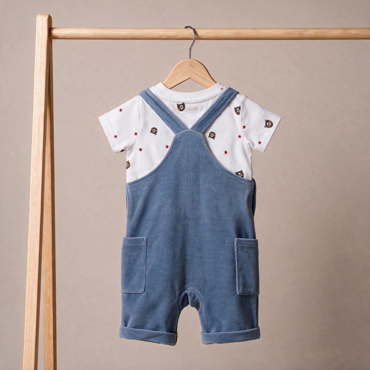 Baby Boys Blue Corduroy Dungaree And Bear Printed T-Shirt Set Pack Of 1 Regular Fit Casual Wear