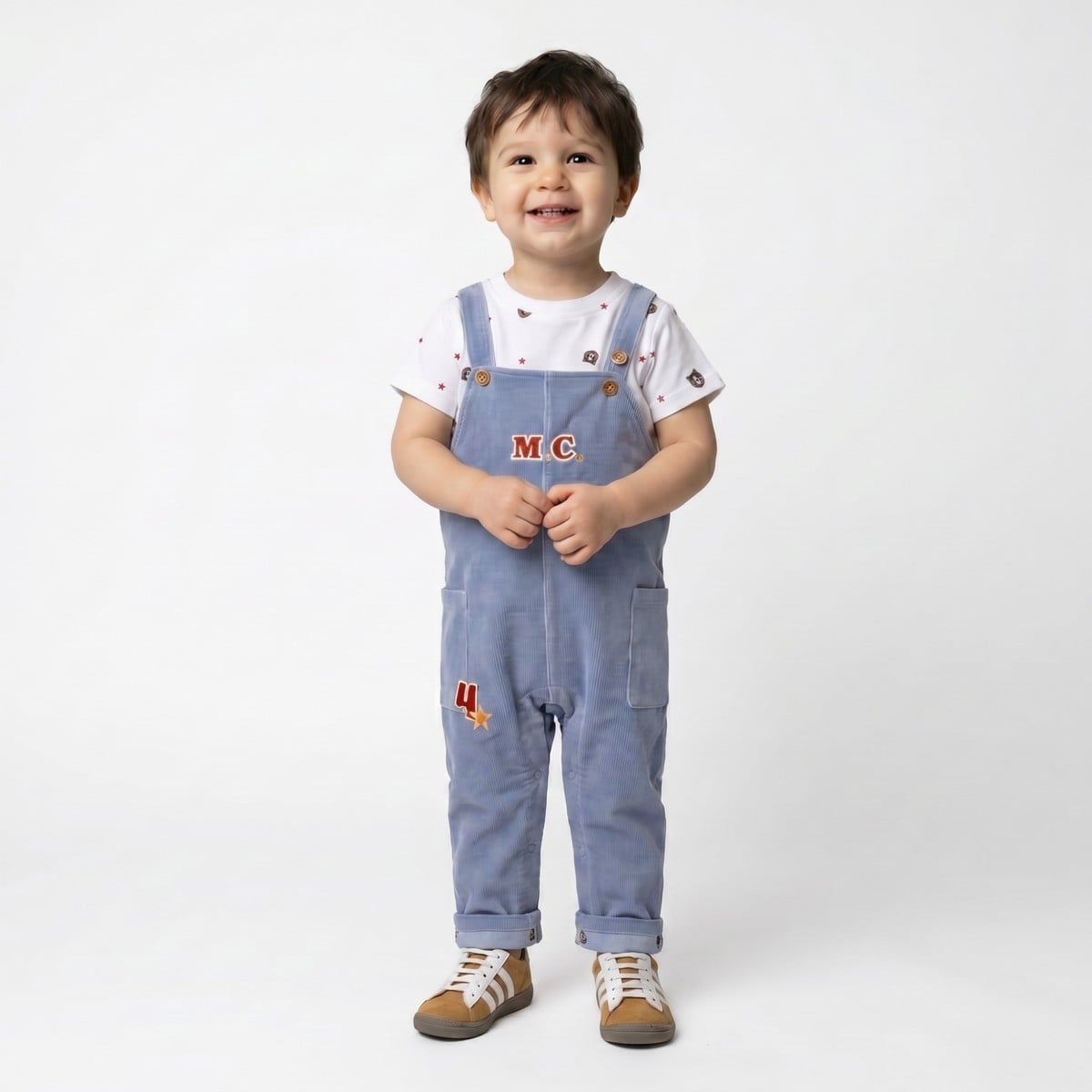 Baby Boys Blue Corduroy Dungaree And Bear Printed T-Shirt Set Pack Of 1 Regular Fit Casual Wear