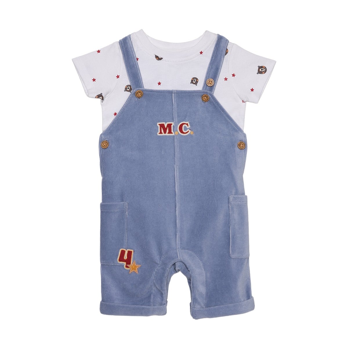 Baby Boys Blue Corduroy Dungaree And Bear Printed T-Shirt Set Pack Of 1 Regular Fit Casual Wear