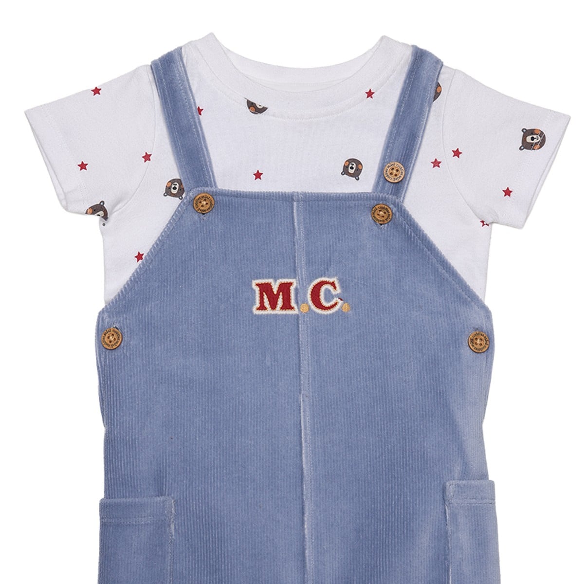 Baby Boys Blue Corduroy Dungaree And Bear Printed T-Shirt Set Pack Of 1 Regular Fit Casual Wear