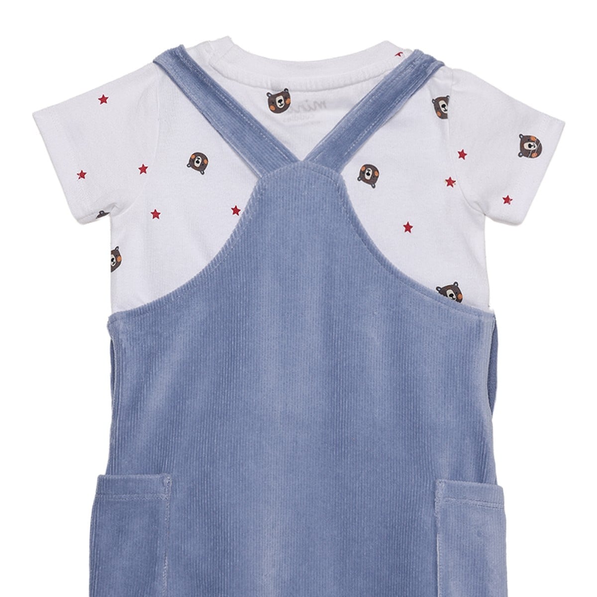 Baby Boys Blue Corduroy Dungaree And Bear Printed T-Shirt Set Pack Of 1 Regular Fit Casual Wear