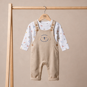 Baby Boys Beige And White Cotton Dog Embroidered Dungaree Set Regular Fit Casual Wear