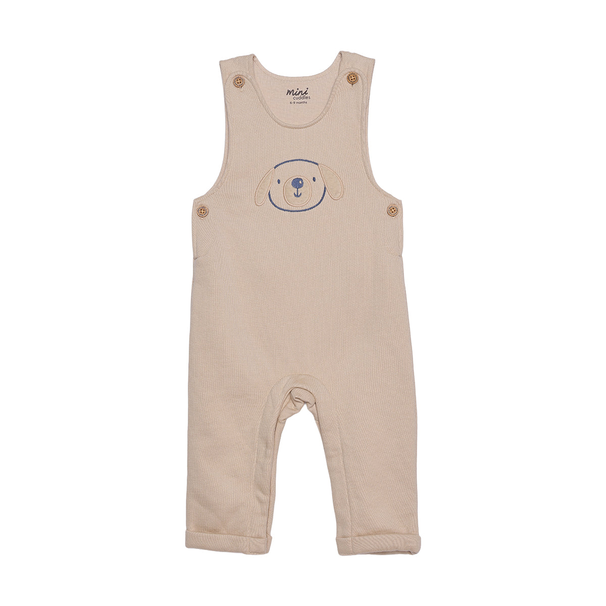 Baby Boys Beige And White Cotton Dog Embroidered Dungaree Set Regular Fit Casual Wear