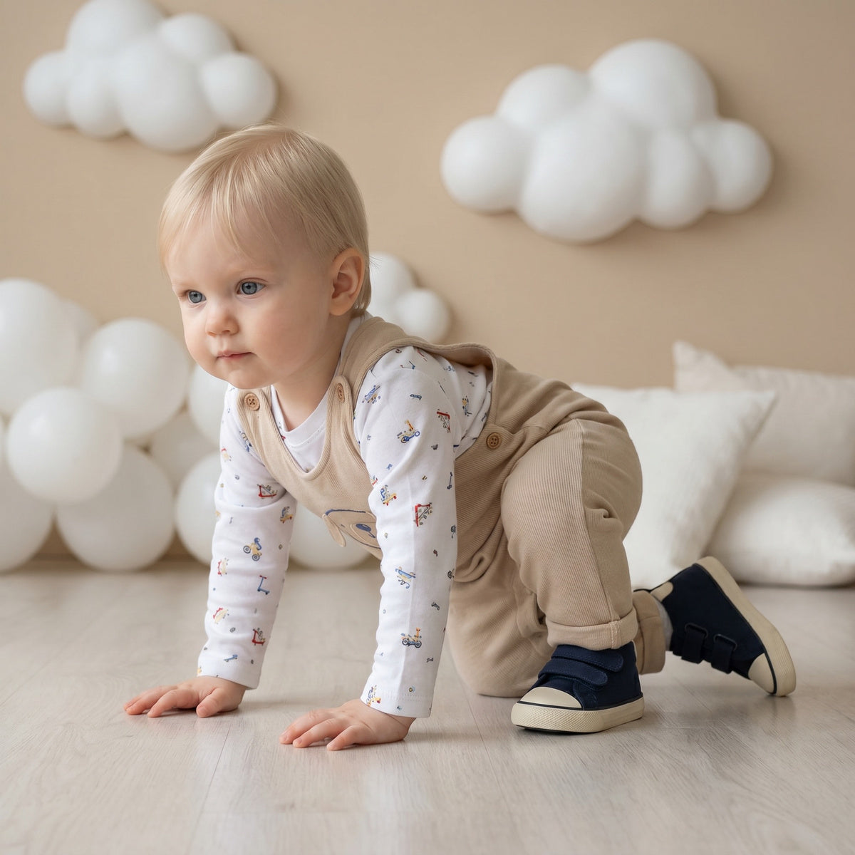 Baby Boys Beige And White Cotton Dog Embroidered Dungaree Set Regular Fit Casual Wear
