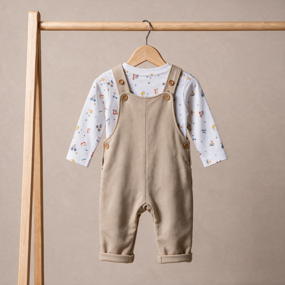 Baby Boys Beige And White Cotton Dog Embroidered Dungaree Set Regular Fit Casual Wear