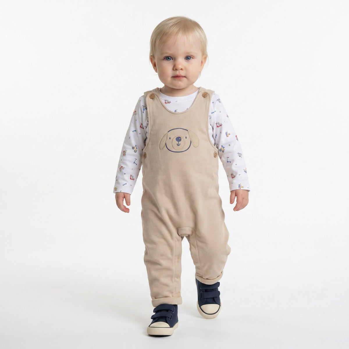 Baby Boys Beige And White Cotton Dog Embroidered Dungaree Set Regular Fit Casual Wear