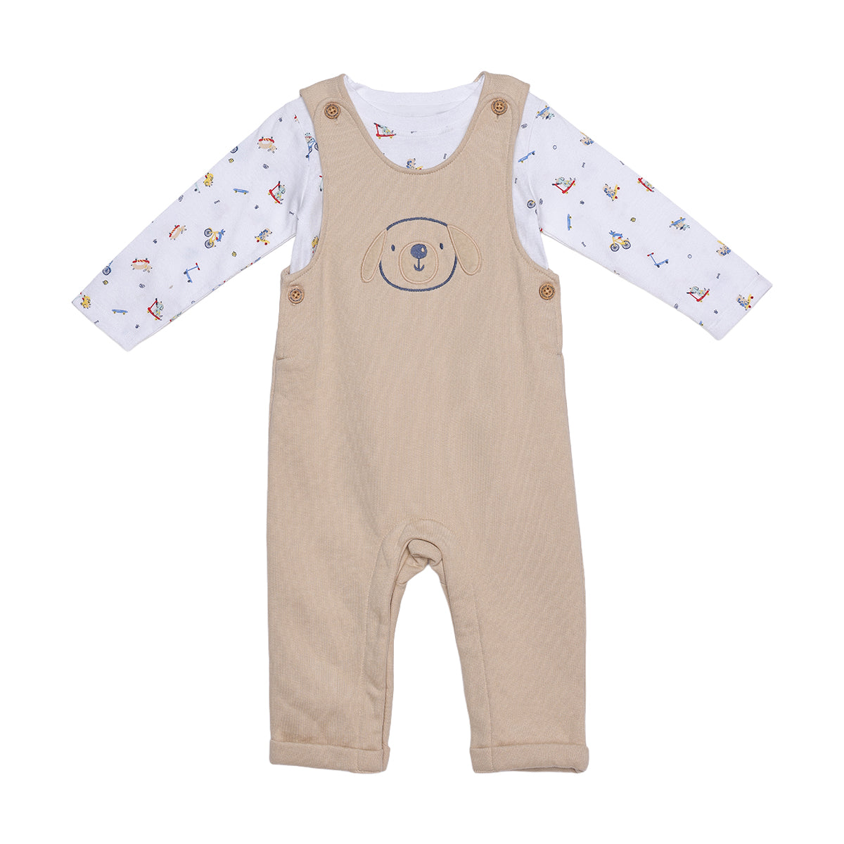 Baby Boys Beige And White Cotton Dog Embroidered Dungaree Set Regular Fit Casual Wear