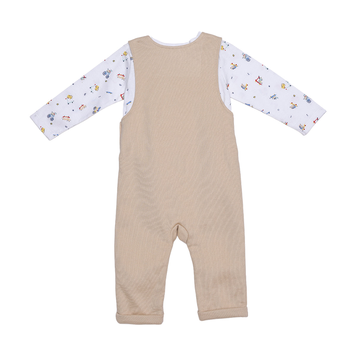Baby Boys Beige And White Cotton Dog Embroidered Dungaree Set Regular Fit Casual Wear