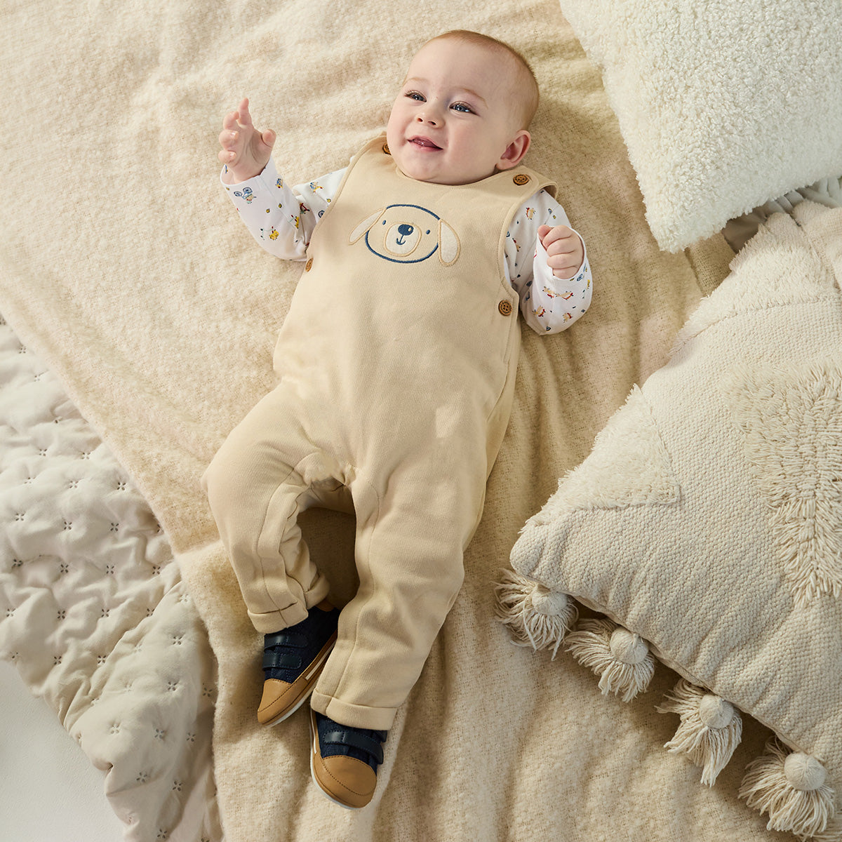 Baby Boys Beige and White Cotton Dog Embroidered Dungaree Set Regular