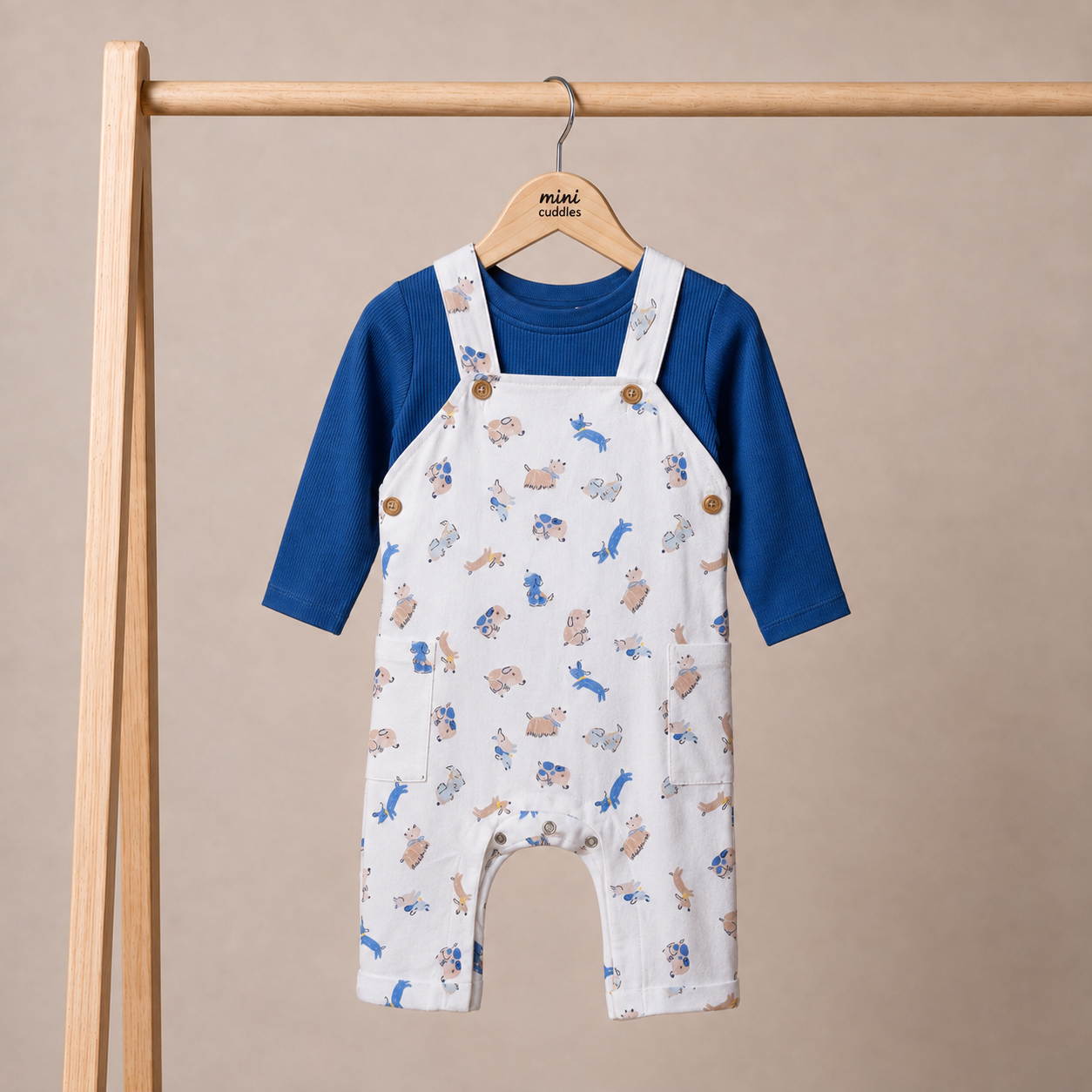 Baby Boys Blue Cotton T-Shirt And Animal Printed Dungaree Set Regular Fit Casual Wear