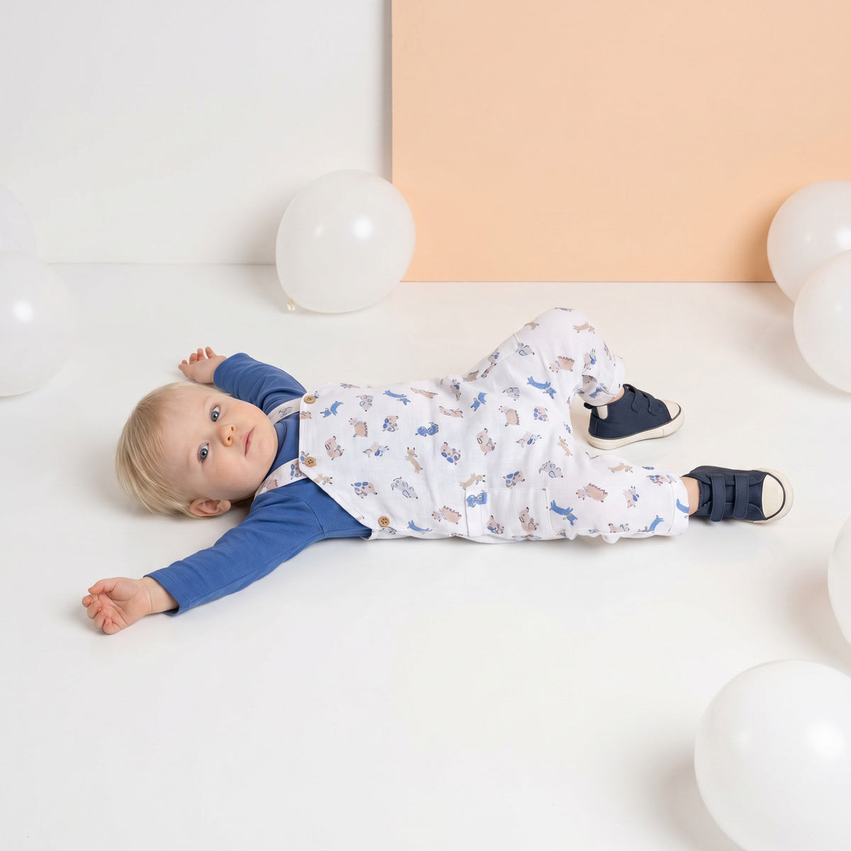 Baby Boys Blue Cotton T-Shirt And Animal Printed Dungaree Set Regular Fit Casual Wear