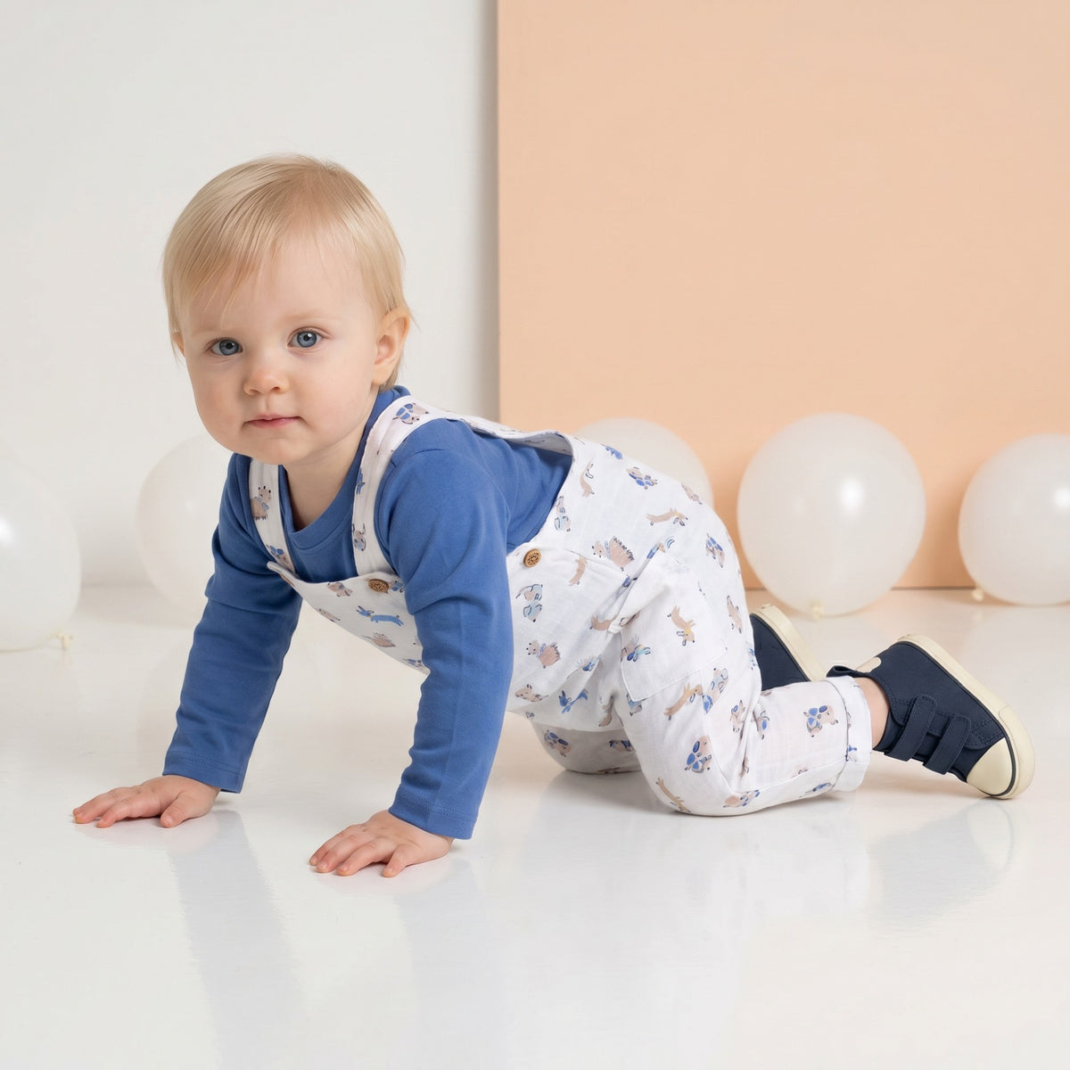 Baby Boys Blue Cotton T-Shirt And Animal Printed Dungaree Set Regular Fit Casual Wear