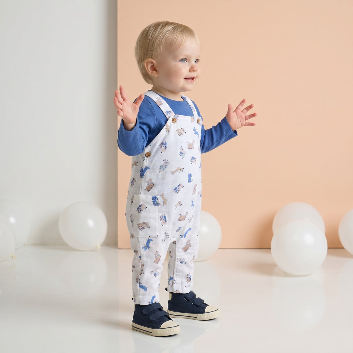 Baby Boys Blue Cotton T-Shirt And Animal Printed Dungaree Set Regular Fit Casual Wear
