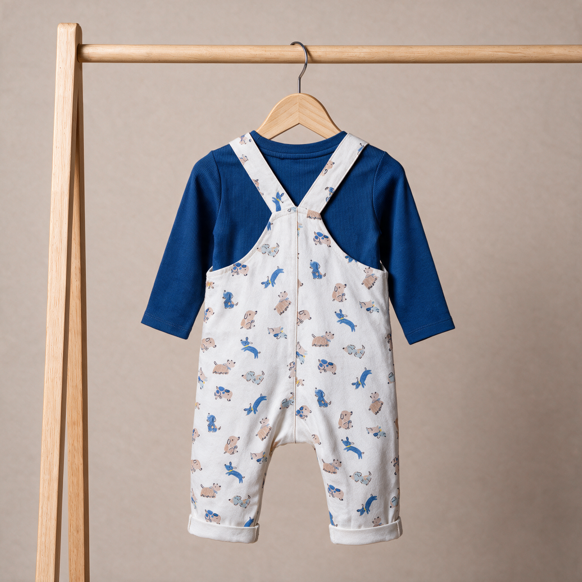 Baby Boys Blue Cotton T-Shirt And Animal Printed Dungaree Set Regular Fit Casual Wear