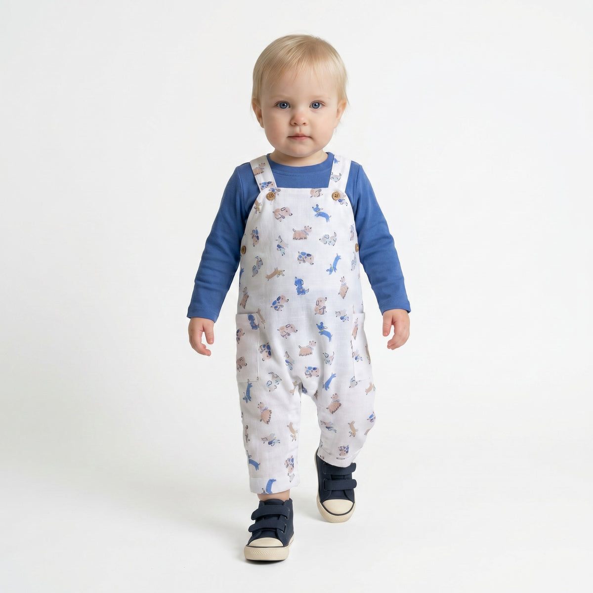 Baby Boys Blue Cotton T-Shirt And Animal Printed Dungaree Set Regular Fit Casual Wear