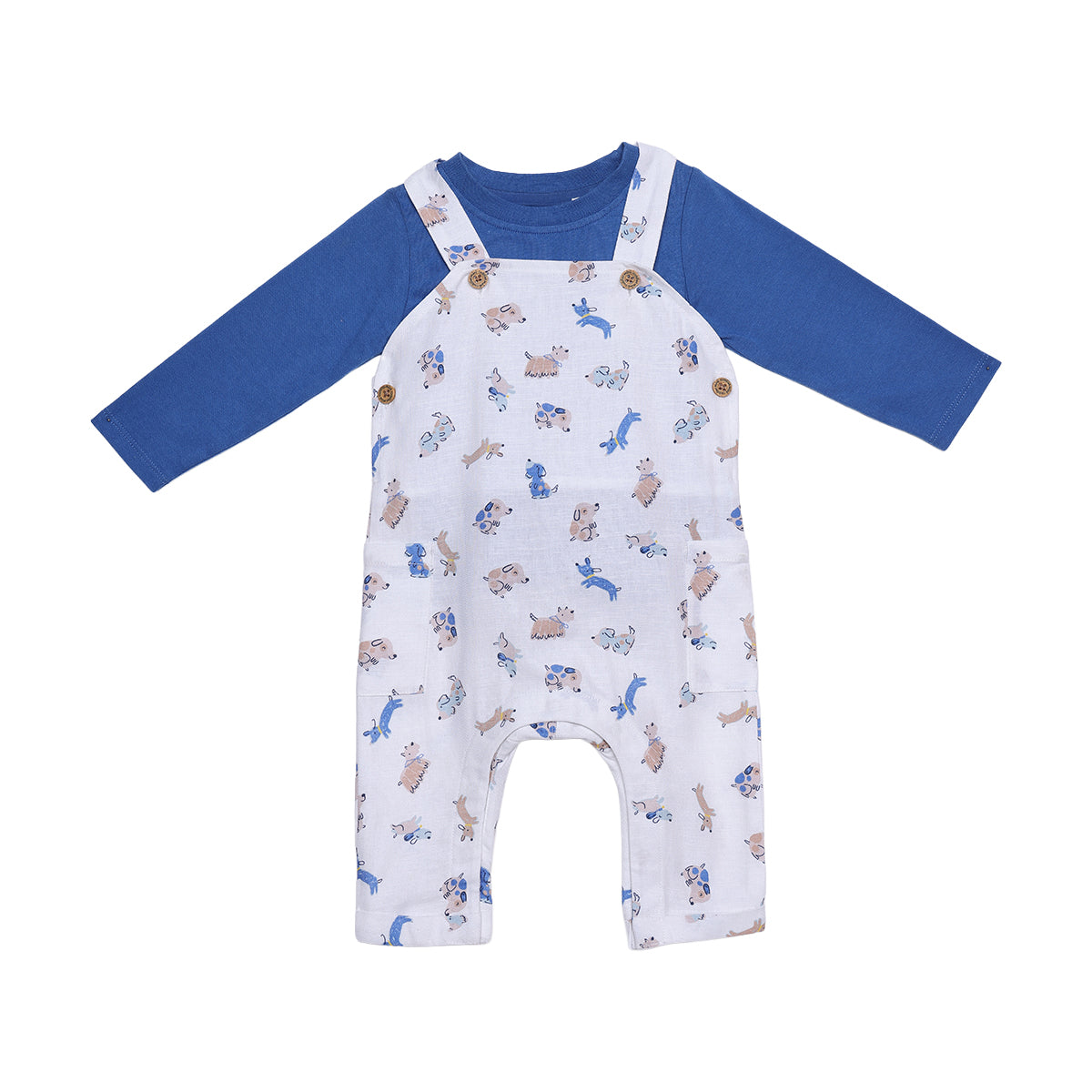 Baby Boys Blue Cotton T-Shirt And Animal Printed Dungaree Set Regular Fit Casual Wear