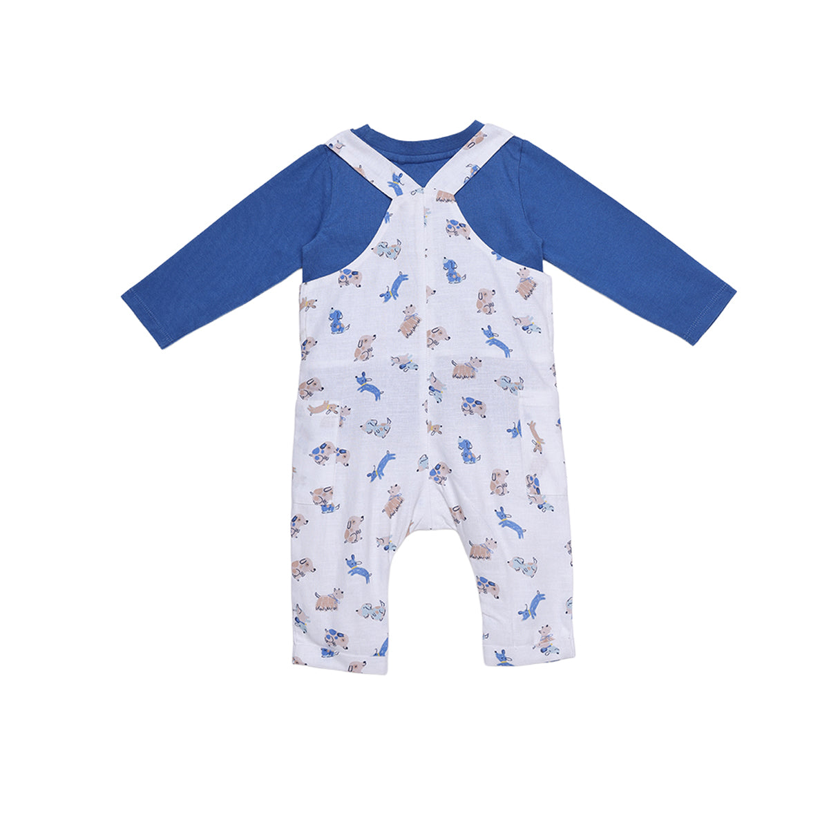 Baby Boys Blue Cotton T-Shirt And Animal Printed Dungaree Set Regular Fit Casual Wear