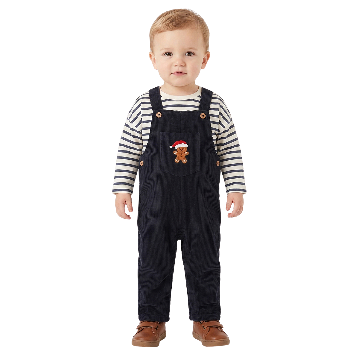 Boys Navy Blue Corduroy Dungaree White and Navy Half Sleeves T Shirt