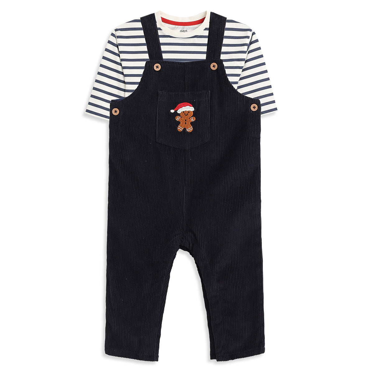 Bab y Boys Navy Blue Corduroy Dungaree with White & Navy Striped Half Sleeves T-Shirt Casual Outfit Set