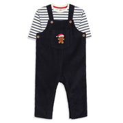 Bab y Boys Navy Blue Corduroy Dungaree with White & Navy Striped Half Sleeves T-Shirt Casual Outfit Set