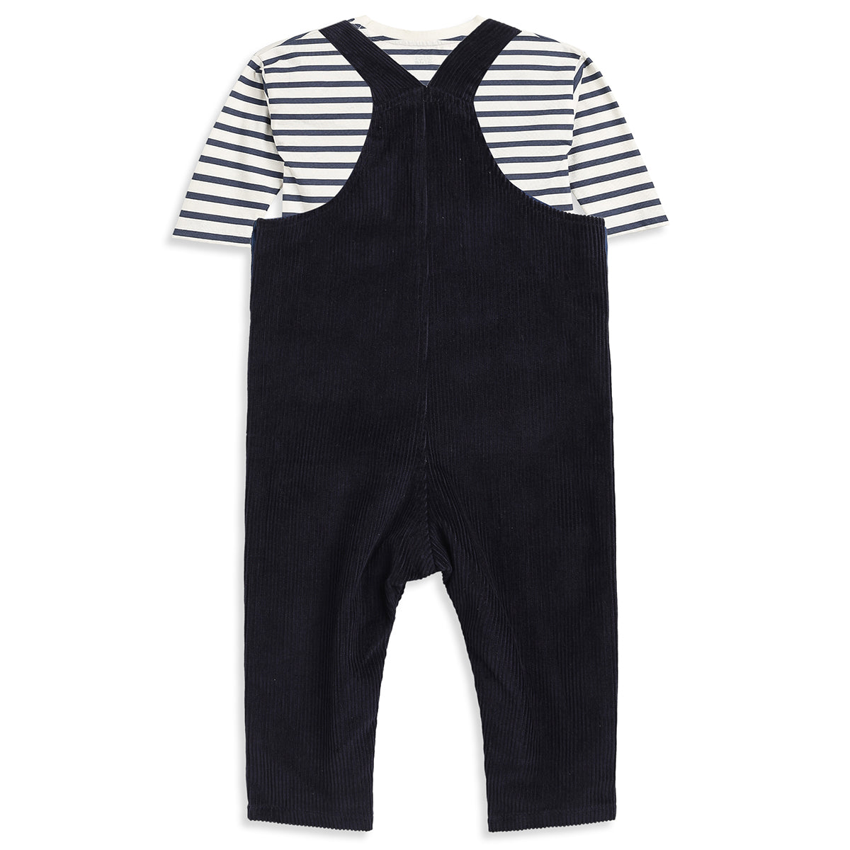 Bab y Boys Navy Blue Corduroy Dungaree with White & Navy Striped Half Sleeves T-Shirt Casual Outfit Set