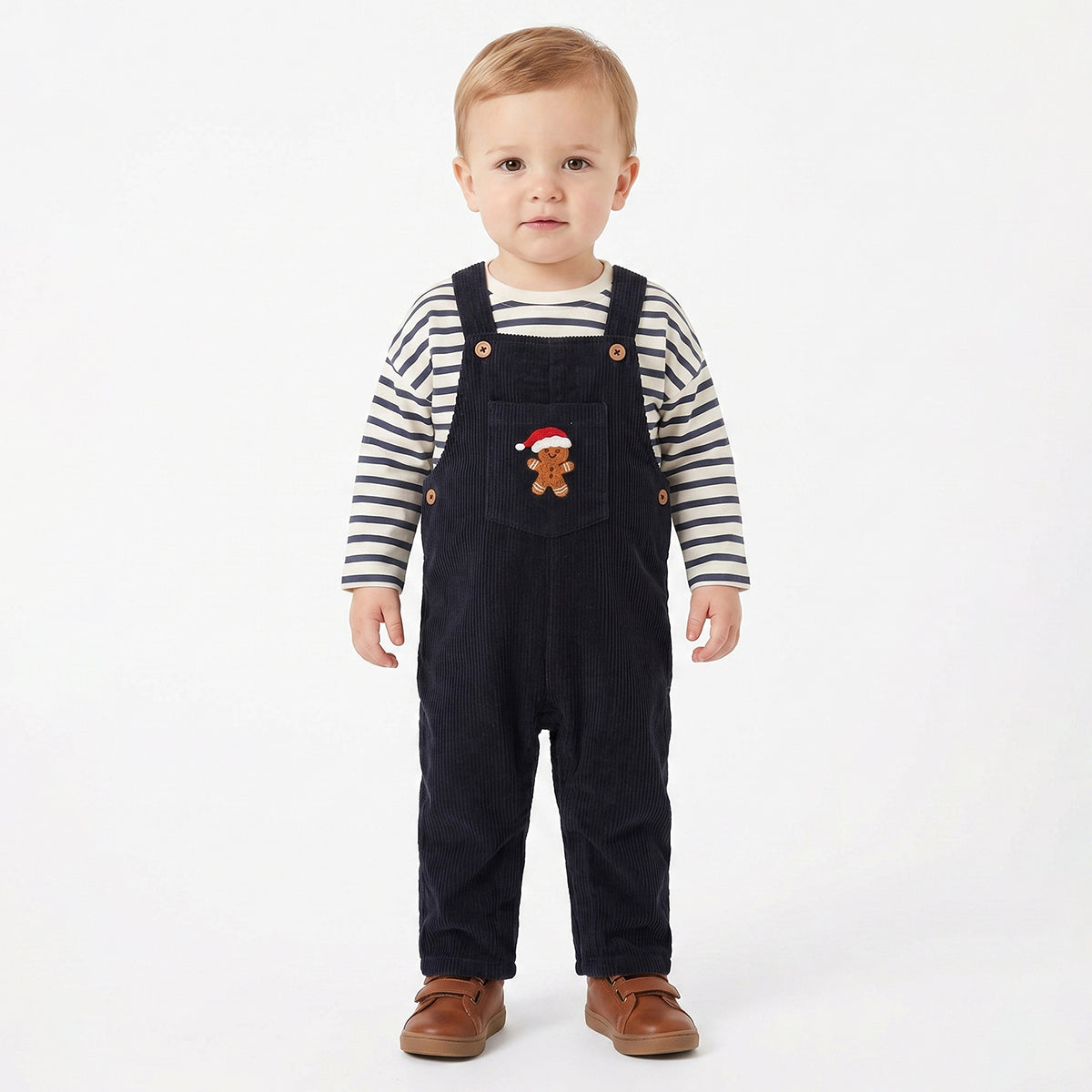 Bab y Boys Navy Blue Corduroy Dungaree with White & Navy Striped Half Sleeves T-Shirt Casual Outfit Set