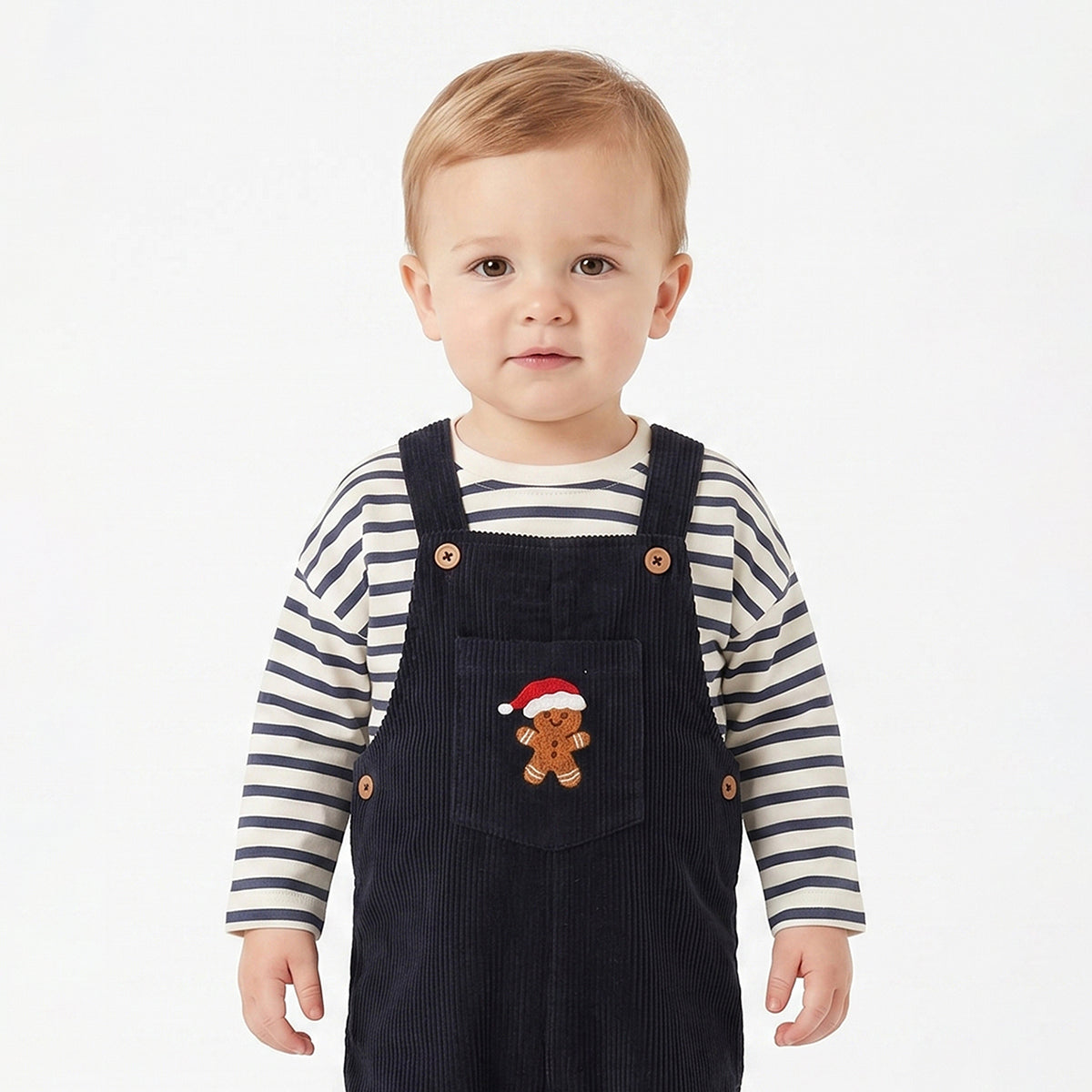 Bab y Boys Navy Blue Corduroy Dungaree with White & Navy Striped Half Sleeves T-Shirt Casual Outfit Set