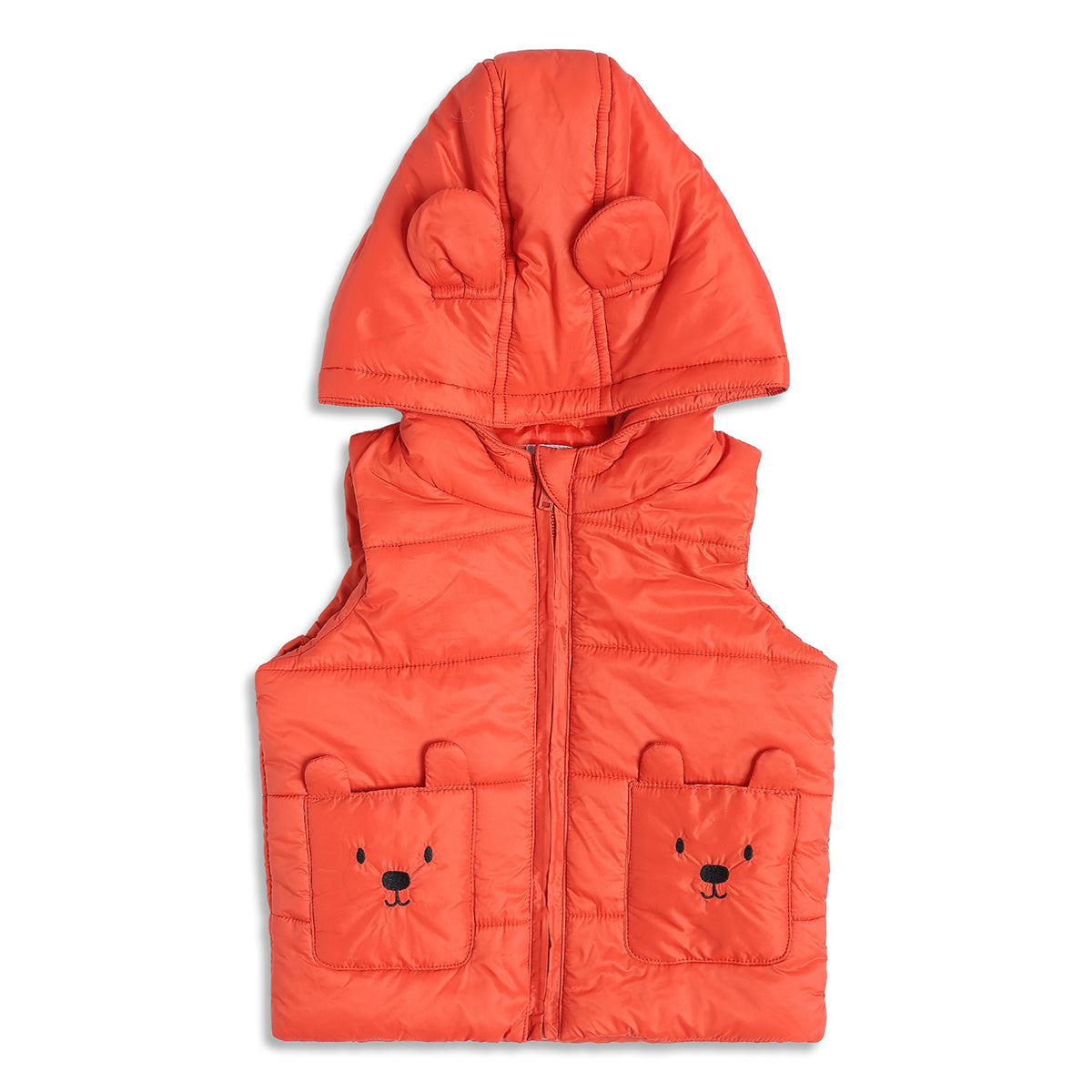 Baby Boys Orange Hooded Puffer Jacket Sleeveless Winter Vest with Animal Pocket Detail